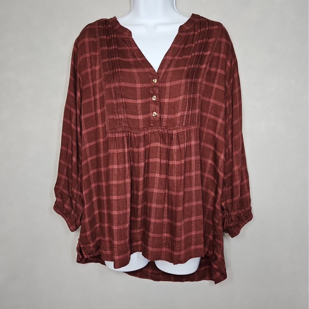 Wrangler Womens Burgundy Plaid Pullover 3/4 Sleeve Blouse Size XL